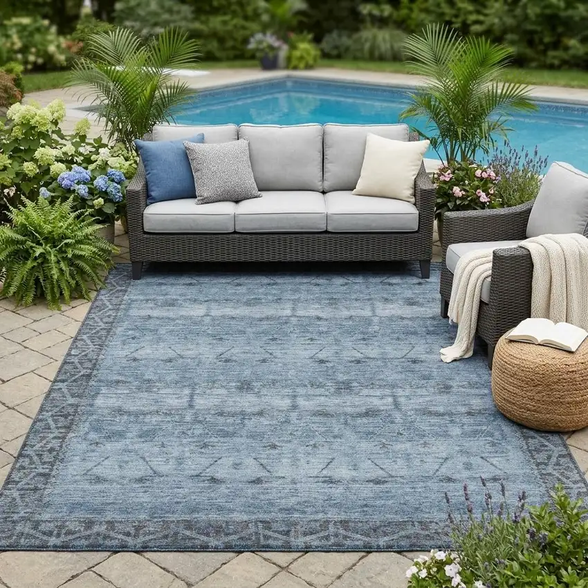 Blue And Gray Tribal Washable Indoor Outdoor Area Rug Photo 1