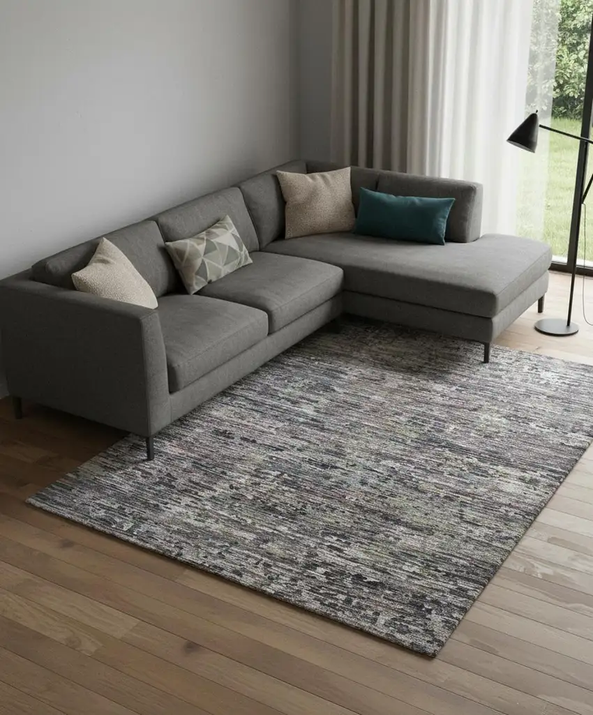 Blue And Gray Wool Abstract Hand Knotted Area Rug Photo 1