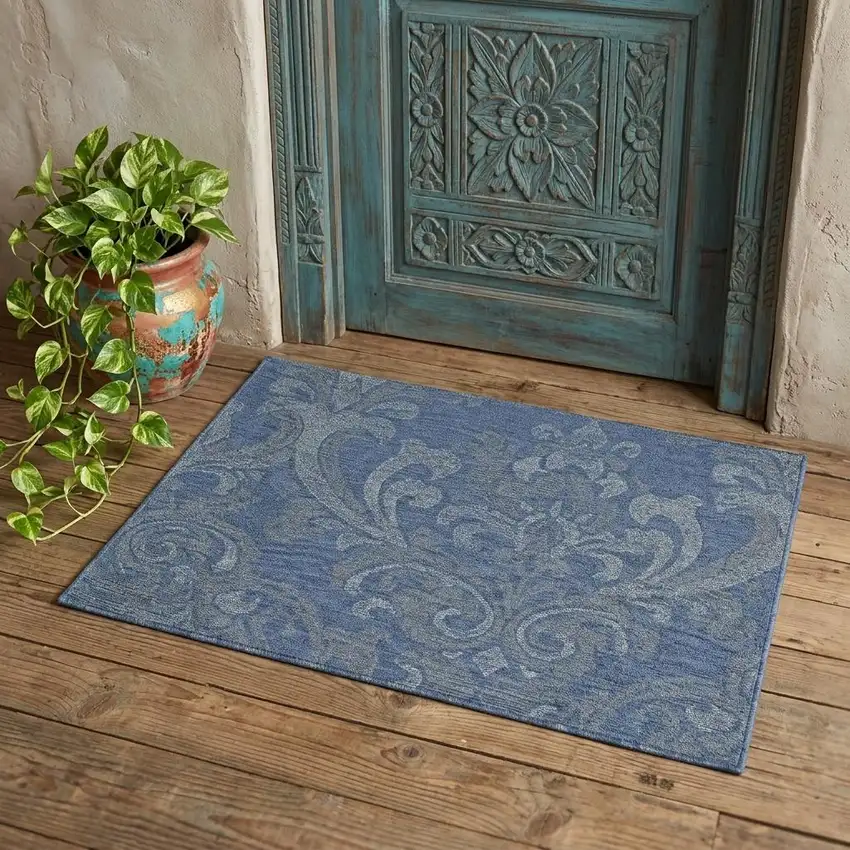 Blue And Gray Wool Floral Hand Tufted Area Rug Photo 1