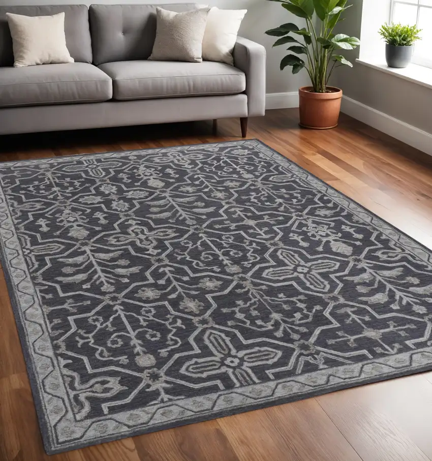 Blue Gray And Charcoal Wool Floral Hand Tufted Area Rug Photo 1