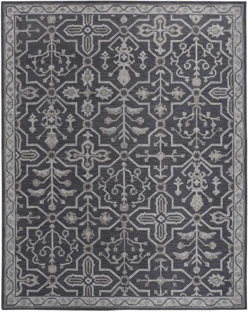 Blue Gray And Charcoal Wool Floral Hand Tufted Area Rug Photo 2