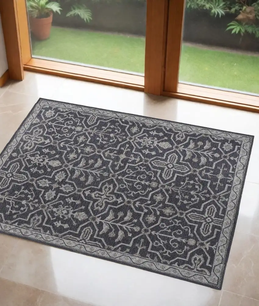 Blue And Gray Wool Floral Tufted Handmade Stain Resistant Area Rug Photo 1