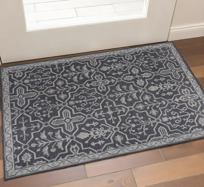 Blue Gray And Charcoal Wool Floral Hand Tufted Area Rug Photo 1
