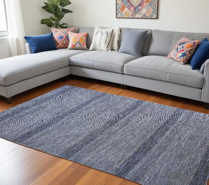Blue And Gray Wool Striped Hand Knotted Area Rug Photo 1