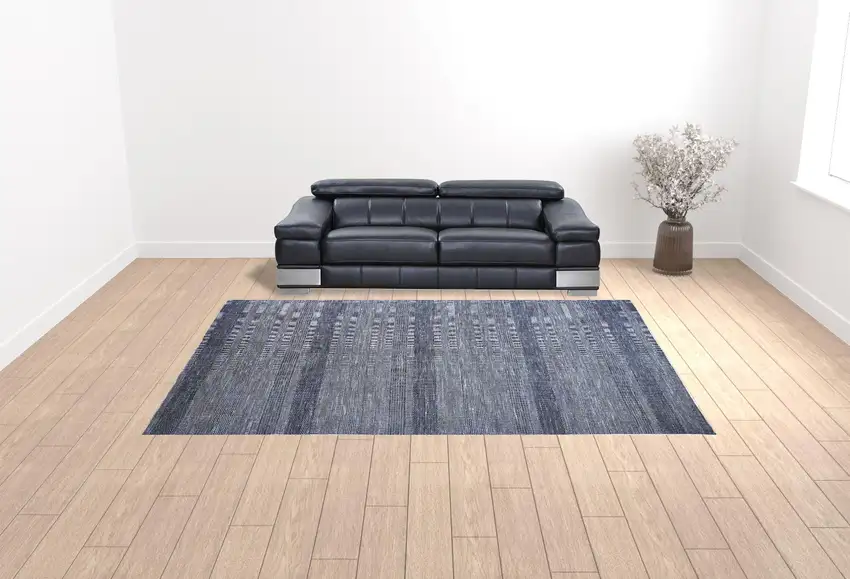 Blue And Gray Wool Striped Hand Knotted Area Rug Photo 2