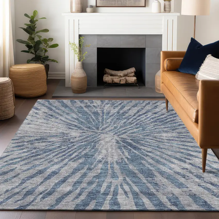 Blue And Gray Zebra Print Washable Area Rug With UV Protection Photo 6