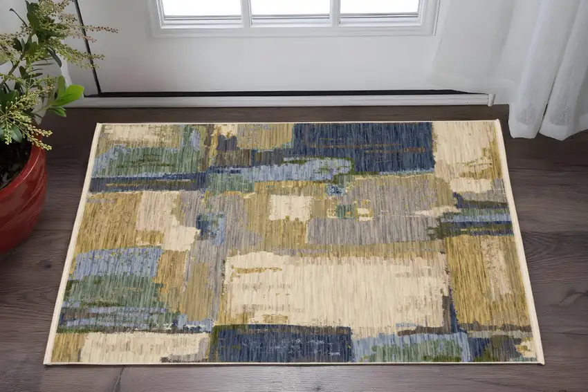Blue And Green Abstract Area Rug With Fringe Photo 1