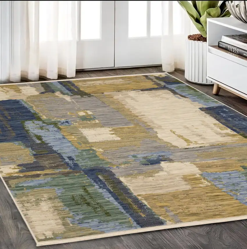 Blue And Green Abstract Area Rug With Fringe Photo 1