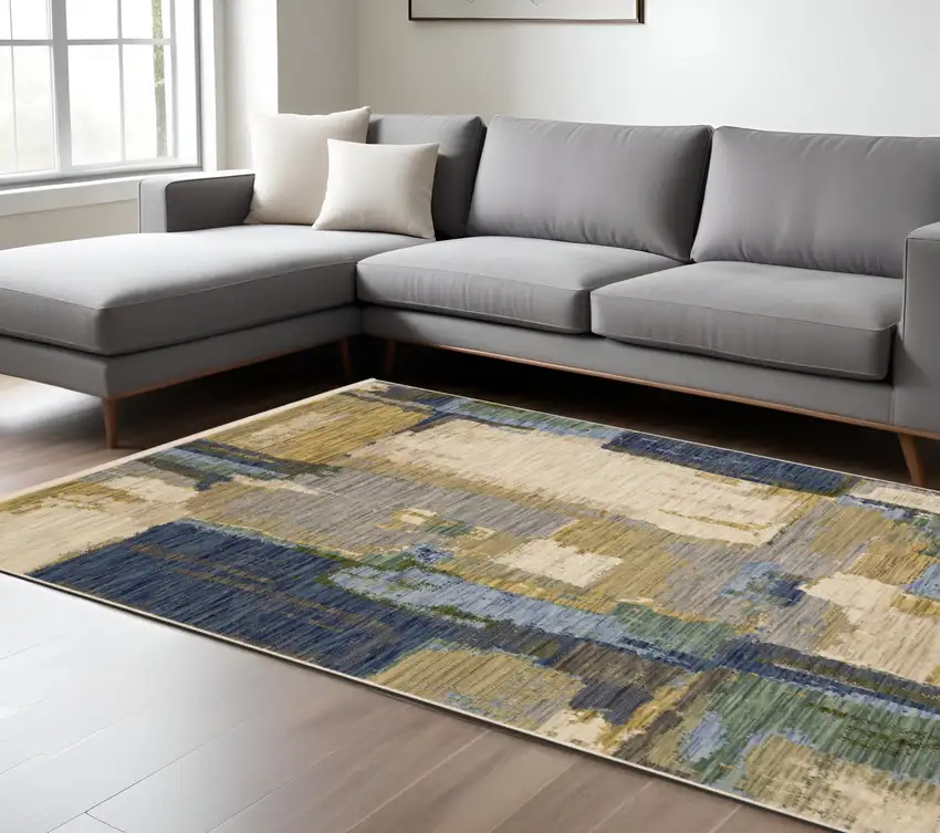 Blue And Green Abstract Area Rug With Fringe Photo 1