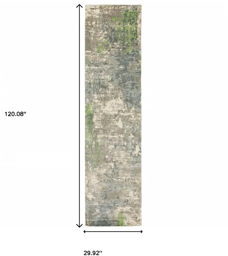 Blue And Green Abstract Hand Loomed Stain Resistant Runner Rug Photo 5