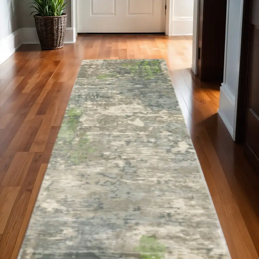 Blue And Green Abstract Hand Loomed Stain Resistant Runner Rug Photo 1