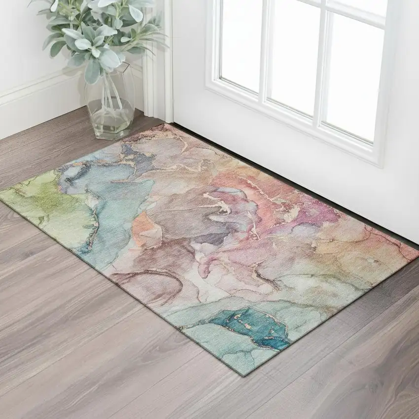 Blue And Green Abstract Washable Area Rug With UV Protection Photo 1