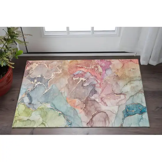 Blue And Green Abstract Washable Area Rug With UV Protection Photo 2
