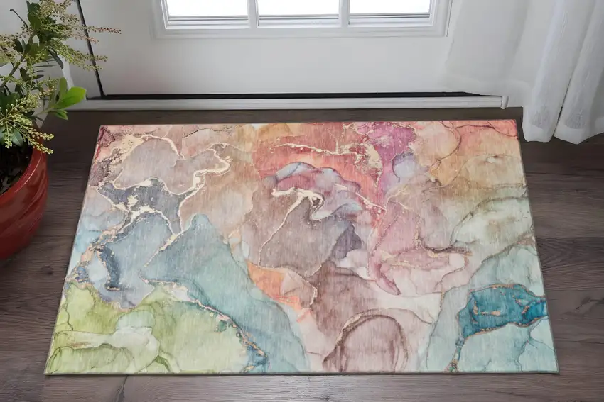 Blue And Green Abstract Washable Area Rug With UV Protection Photo 2