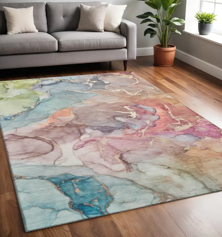 Blue And Green Abstract Washable Area Rug With UV Protection Photo 2