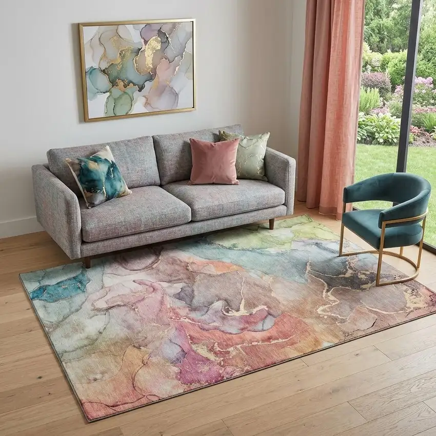 Blue And Green Abstract Washable Area Rug With UV Protection Photo 1