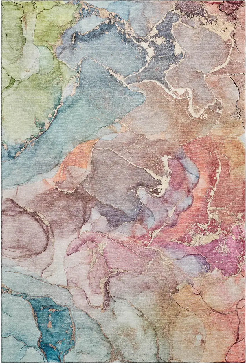 Blue And Green Abstract Washable Area Rug With UV Protection Photo 1