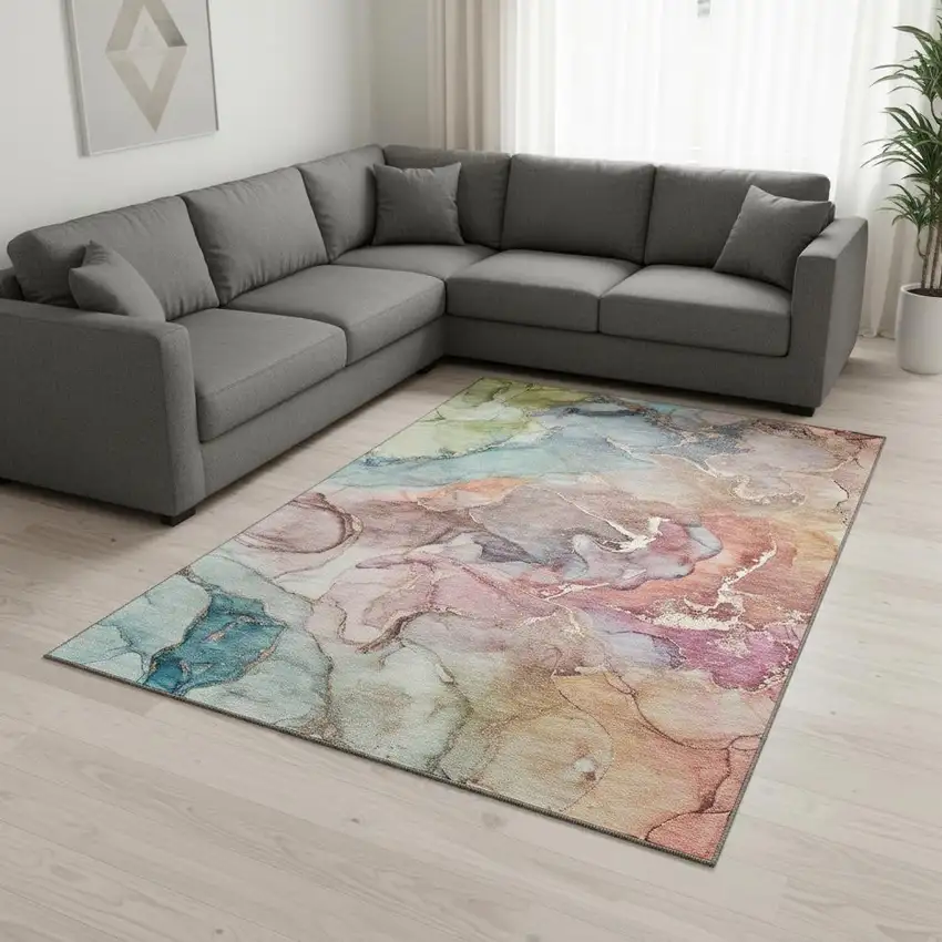 Blue And Green Abstract Washable Area Rug With UV Protection Photo 1