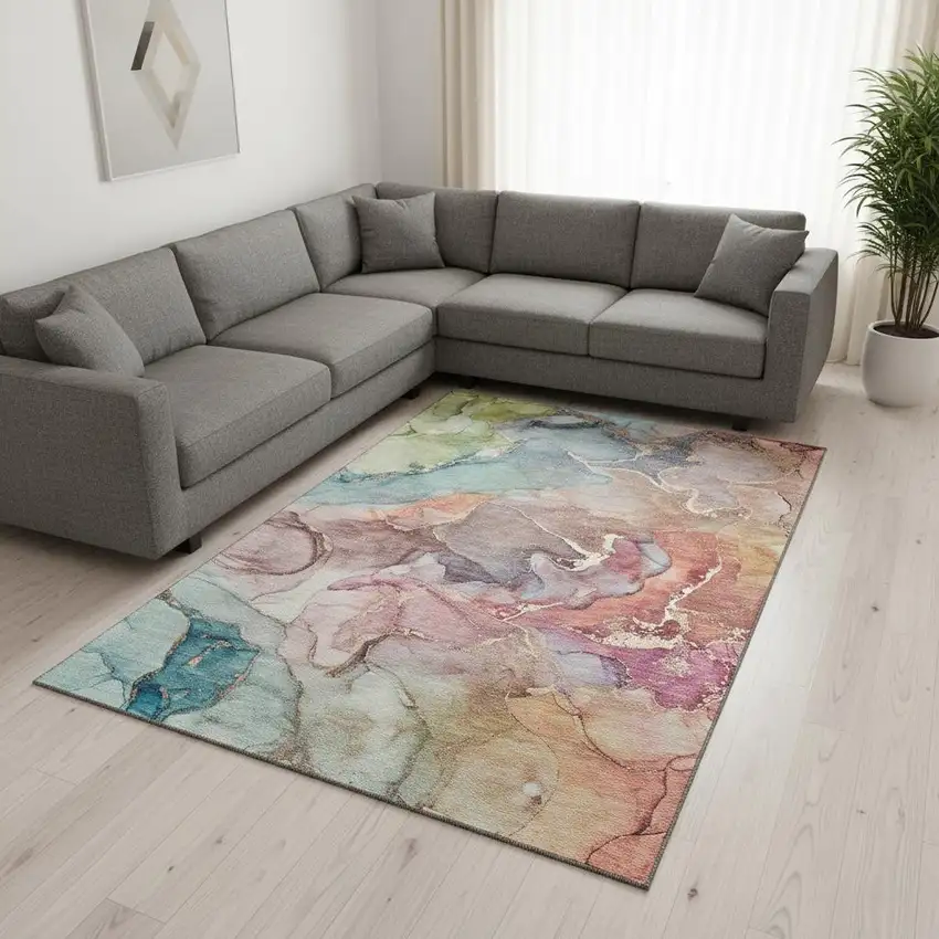 Blue And Green Abstract Washable Area Rug With UV Protection Photo 1