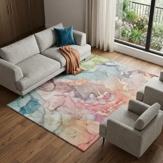 Blue And Green Abstract Washable Area Rug With UV Protection Photo 1