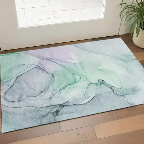 Blue And Green Abstract Washable Area Rug With UV Protection Photo 1