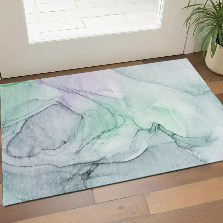 Blue And Green Abstract Washable Area Rug With UV Protection Photo 1