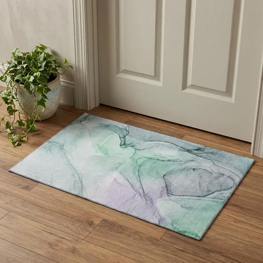 Blue And Green Abstract Washable Area Rug With UV Protection Photo 1