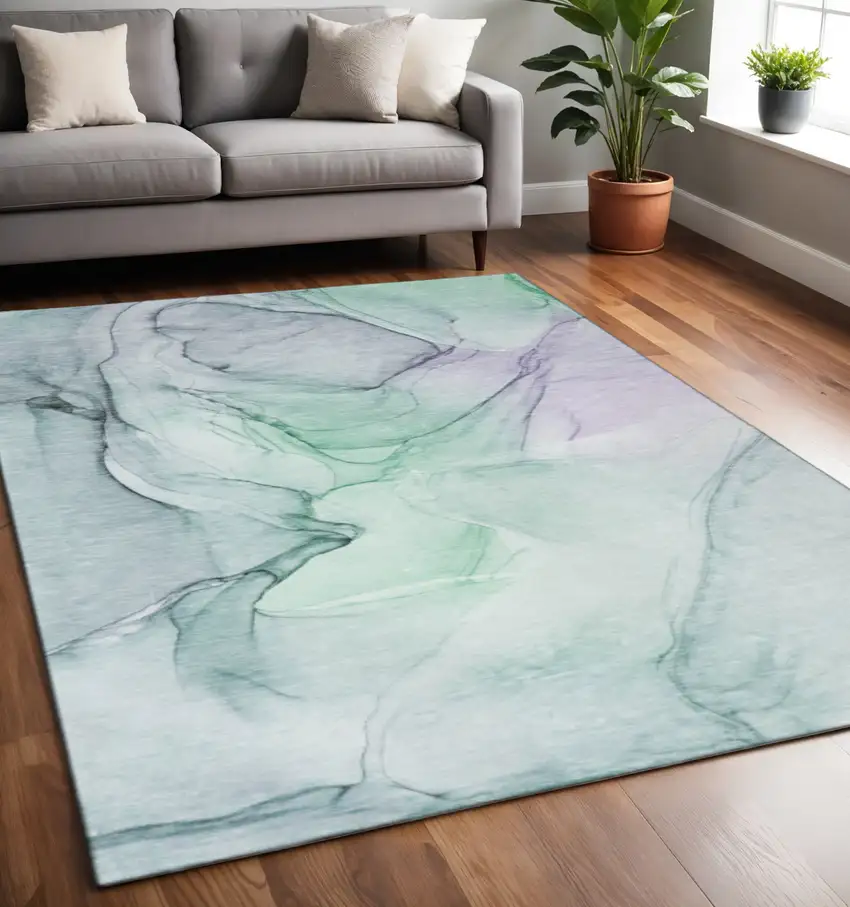Blue And Green Abstract Washable Area Rug With UV Protection Photo 2