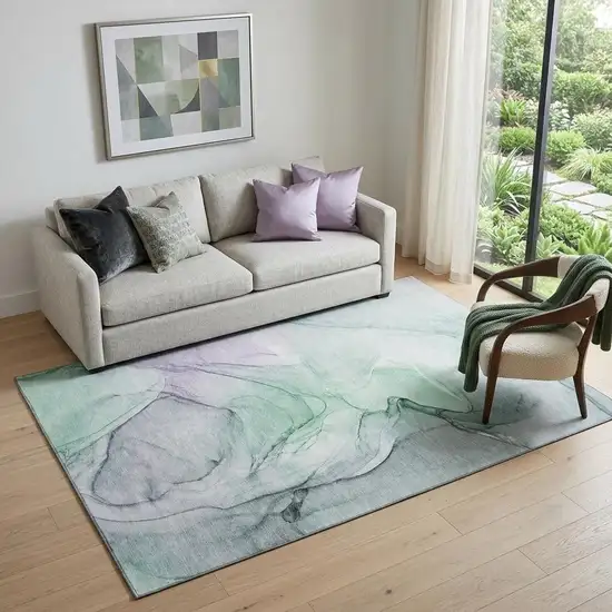 Blue And Green Abstract Washable Area Rug With UV Protection Photo 1