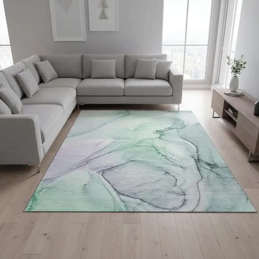 Blue And Green Abstract Washable Area Rug With UV Protection Photo 1