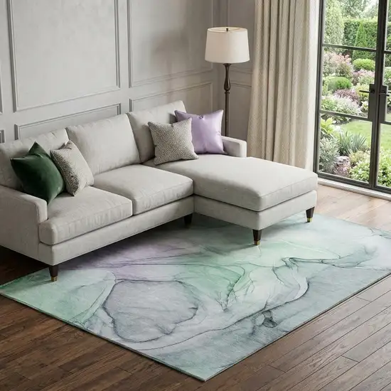 Blue And Green Abstract Washable Area Rug With UV Protection Photo 1