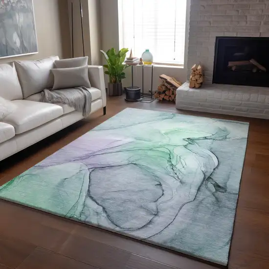 Blue And Green Abstract Washable Area Rug With UV Protection Photo 7