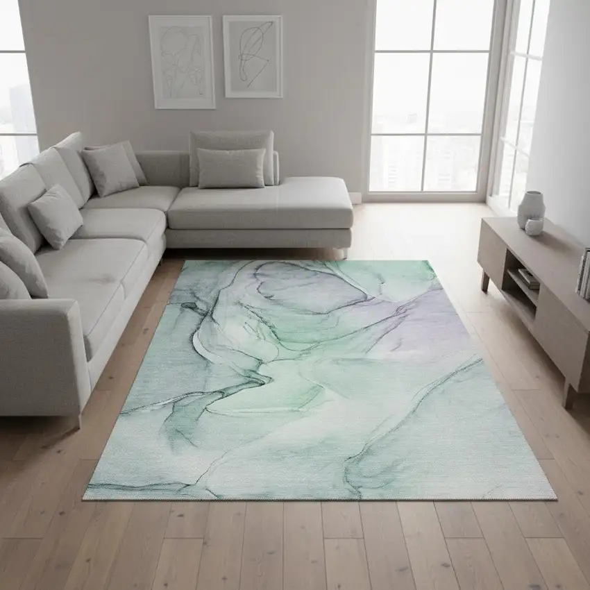 Blue And Green Abstract Washable Area Rug With UV Protection Photo 1