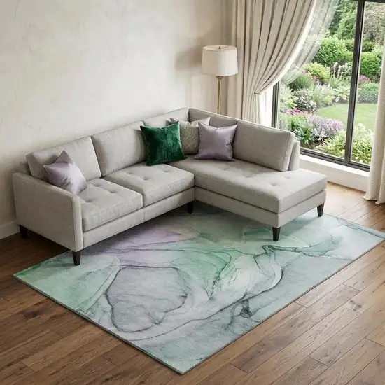 Blue And Green Abstract Washable Area Rug With UV Protection Photo 1