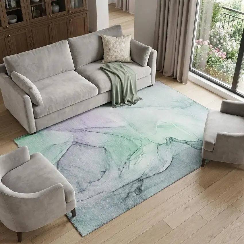 Blue And Green Abstract Washable Area Rug With UV Protection Photo 1