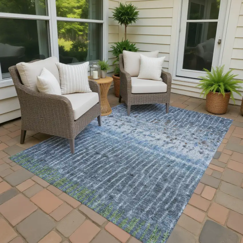 Blue And Green Abstract Washable Indoor Outdoor Area Rug Photo 4