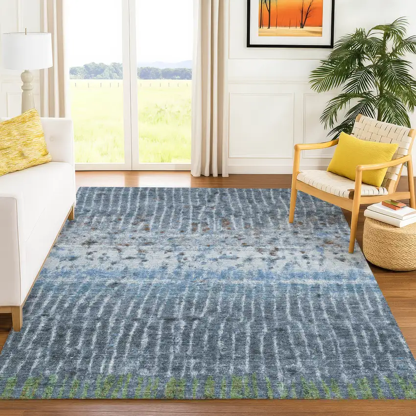 Blue And Green Abstract Washable Indoor Outdoor Area Rug Photo 5