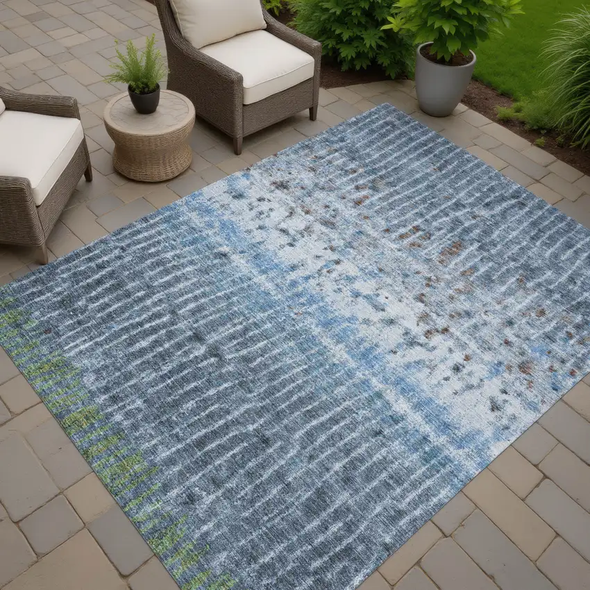 Blue And Green Abstract Washable Indoor Outdoor Area Rug Photo 7