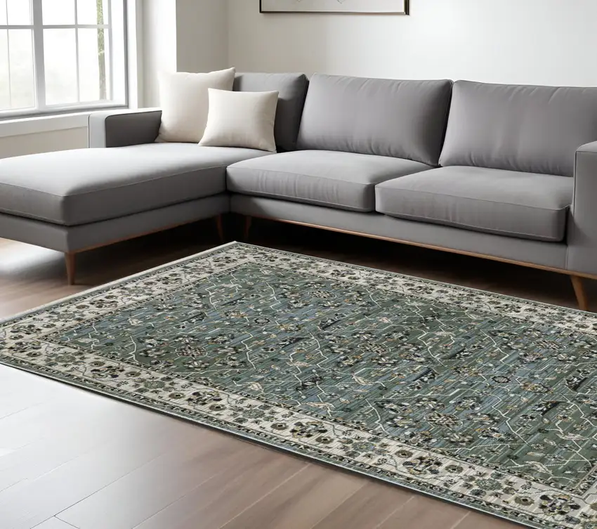 Blue And Green Floral Area Rug With Fringe Photo 1