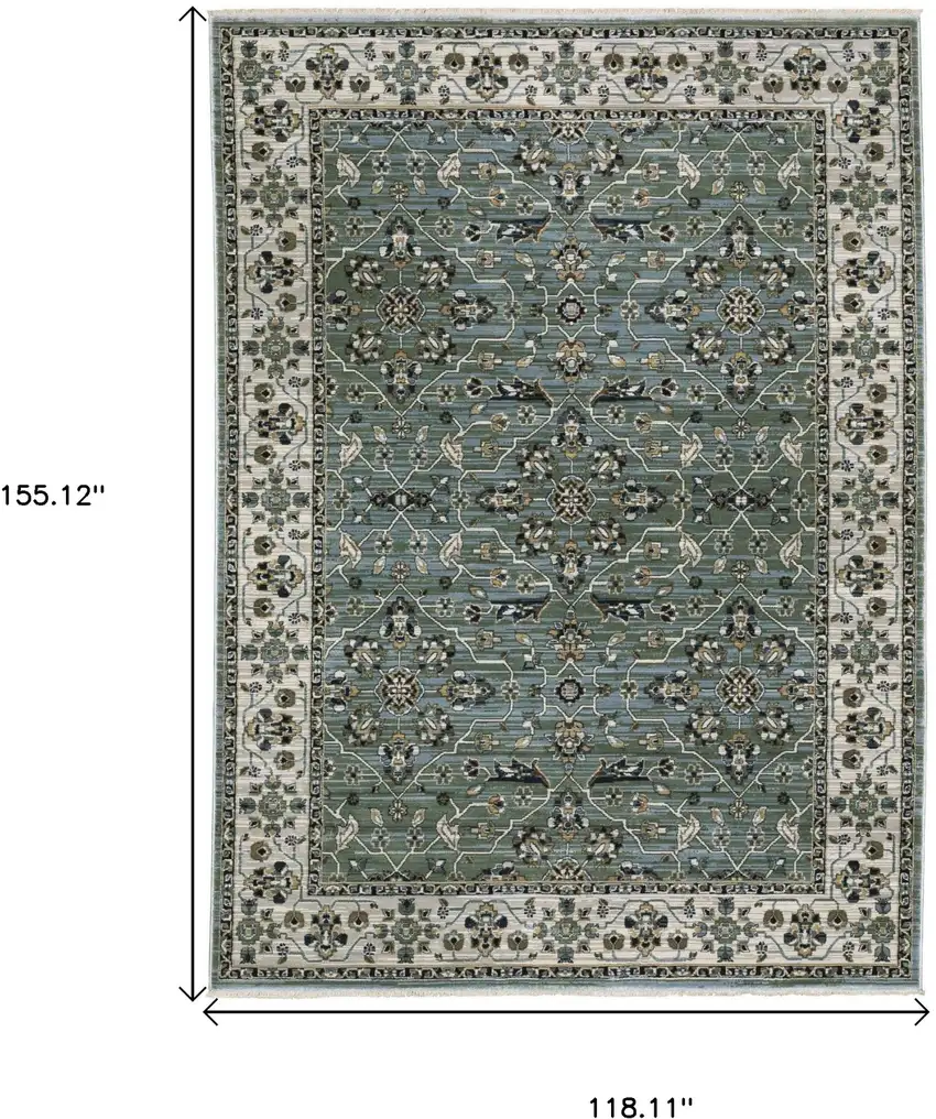 Blue And Green Floral Area Rug With Fringe Photo 3