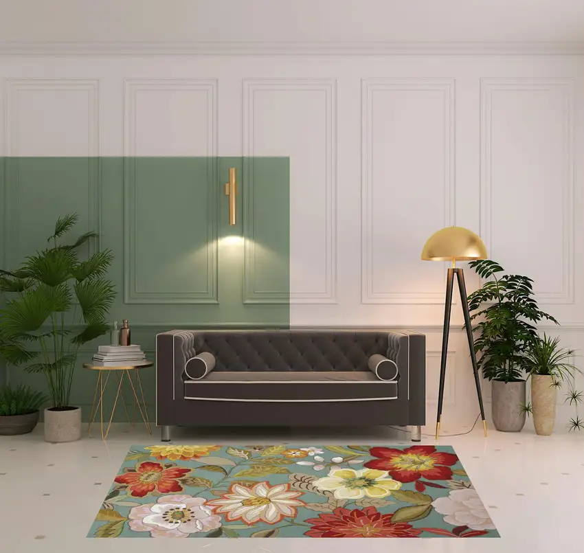 Blue And Green Floral Hand Hooked Handmade Area Rug Photo 2