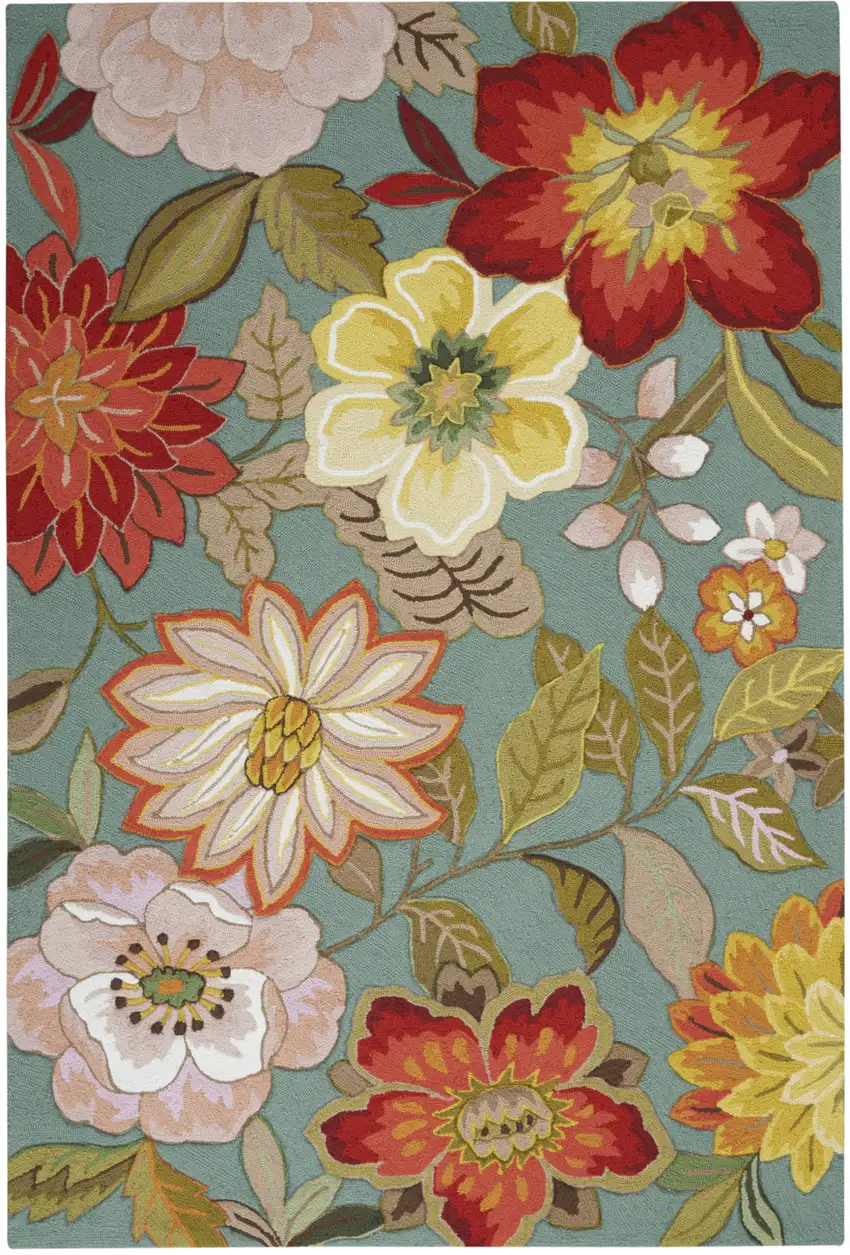 Blue And Green Floral Hand Hooked Handmade Area Rug Photo 1