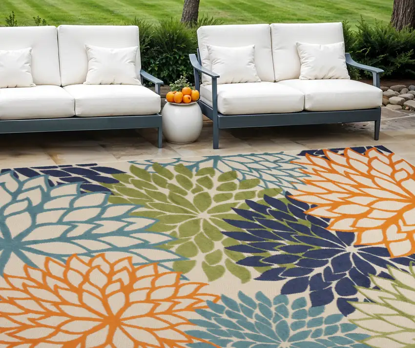 Blue And Green Floral Power Loom Area Rug Photo 1