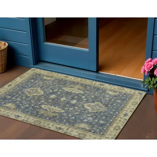 Blue And Green Floral Washable Indoor Outdoor Area Rug Photo 2