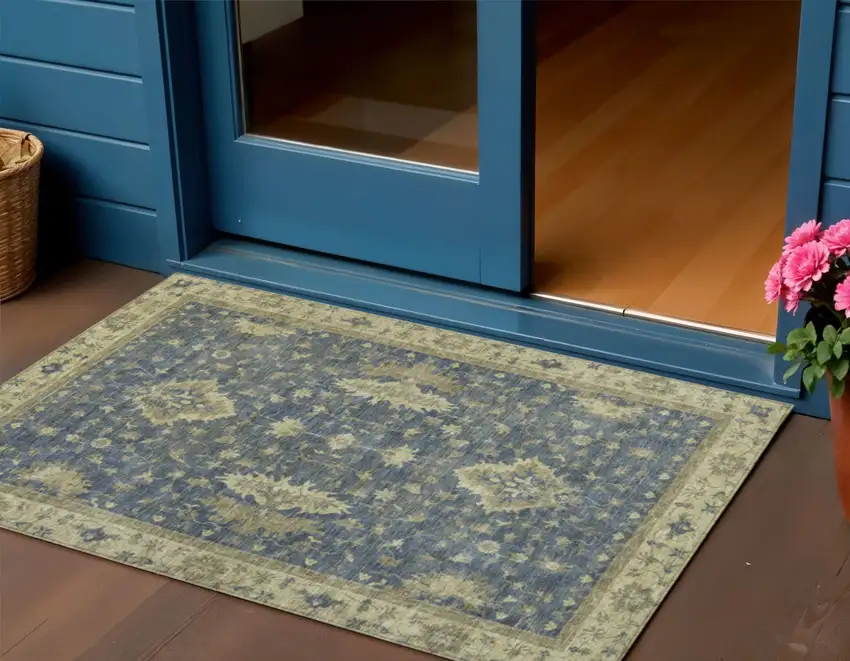 Blue And Green Floral Washable Indoor Outdoor Area Rug Photo 2