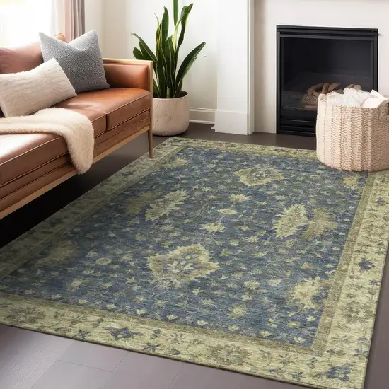 Blue And Green Floral Washable Indoor Outdoor Area Rug Photo 6