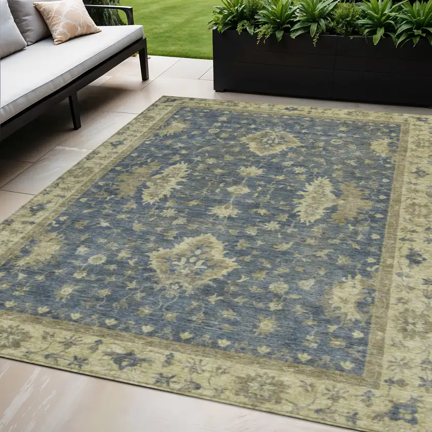 Blue And Green Floral Washable Indoor Outdoor Area Rug Photo 2