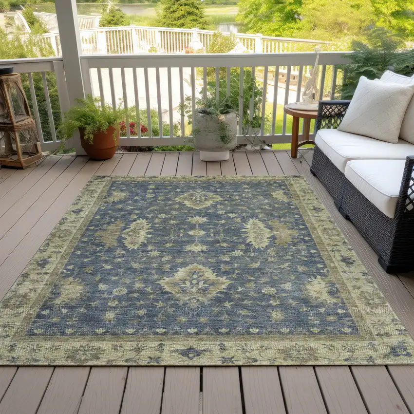 Blue And Green Floral Washable Indoor Outdoor Area Rug Photo 8
