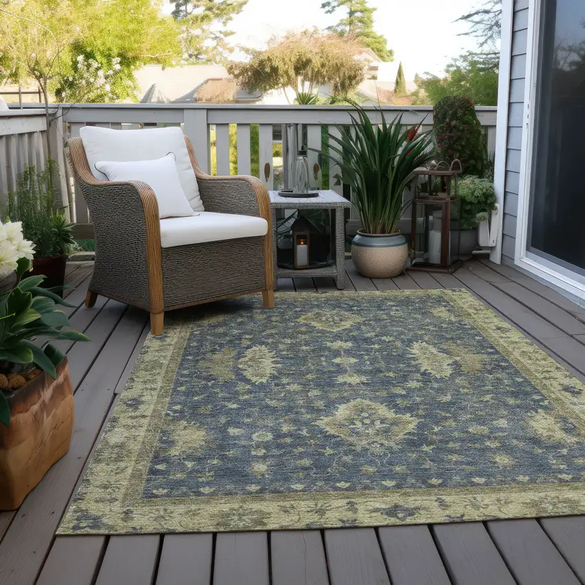 Blue And Green Floral Washable Indoor Outdoor Area Rug Photo 5