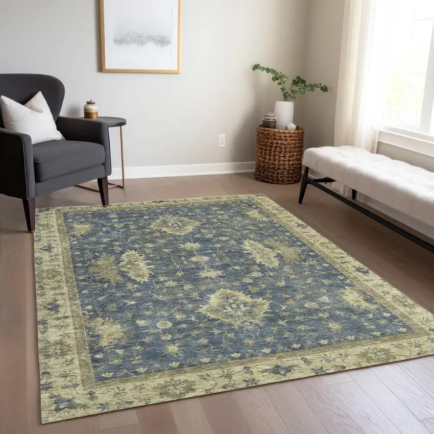 Blue And Green Floral Washable Indoor Outdoor Area Rug Photo 7